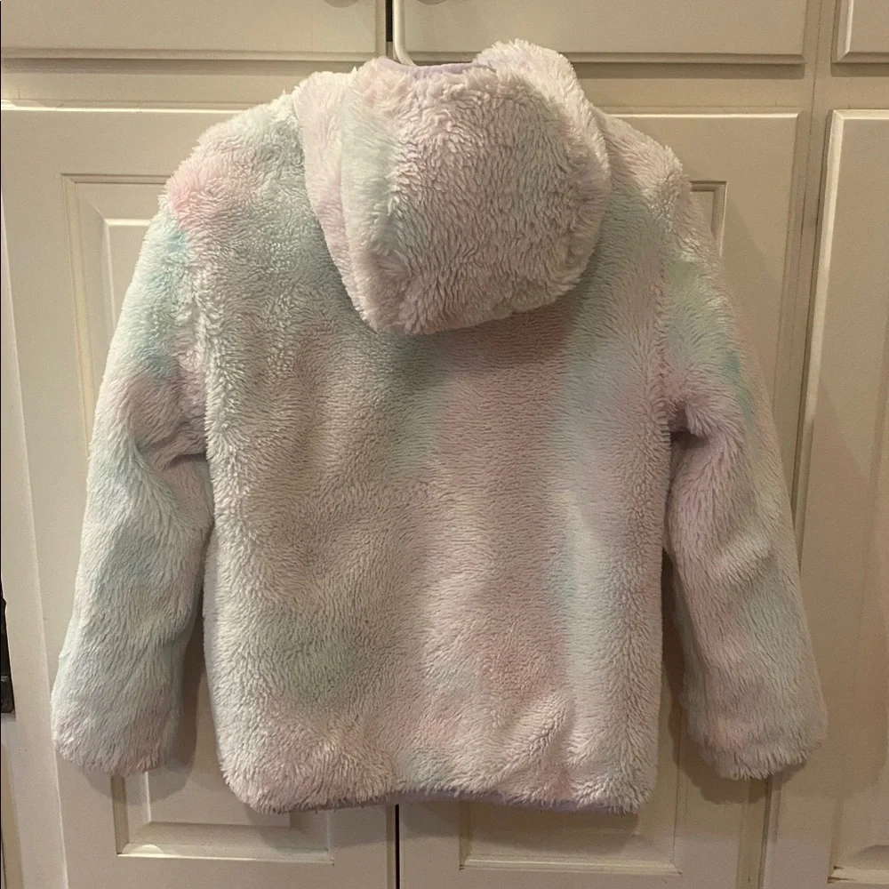 EDDIE BAUER Girls Youth XS 5-6 Reversible Plush Hoodie Zip Jacket Aqua Multi